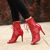 tanie Buty do tańca-damskie czarne lakierowane buty do tańca ze sztucznej skóry, sznurowane, z siateczki, buty z odkrytymi palcami i wysokim obcasem do tańca latynoskiego, salsy i towarzyskiego