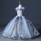 preiswerte Blumenmädchenkleider-Blumenmädchenkleid Mädchen Kleid Prinzessinenkleid Party Kleid Formal Hochzeit Party Prinzessin Süß Gitter Bestickt Blumen Ärmellos Schulterfrei Leicht Blau 3-12 Jahre