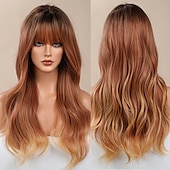 economico Parrucche trendy sintetiche-parrucche bionde con frangia parrucche bionde ondulate per donna capelli biondi chiari naturali morbidi parrucca con frangia fibra resistente al calore parrucca di capelli sintetici parrucche per