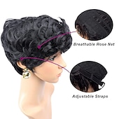 abordables Perruques de qualité supérieure-perruques de cheveux courts ondulés courtes perruques de lutin coupe de lutin perruques pour femmes perruques synthétiques naturelles moelleuses frange noire