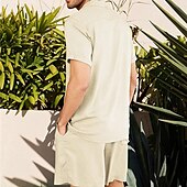 billiga Basic skjortor för män-Herr linneskjorta Linneskjorta i bomull Vit bomullsskjorta 2 delar Skjorta set Sommarskjorta Slät Utomhus Gata Svart Vit Armégrön Beige Kortärmad Nedvikt Sommar Kläder Button-Down