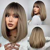 voordelige Synthetische trendy pruiken-synthetische pruik natuurlijk recht met pony pruik 16 inch ombre bruin synthetisch haar vrouwen natuurlijke mode pluizig bruin