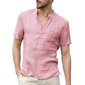 cheap Classic-Men&#039;s Linen Shirt Band Collar Shirt Summer Shirt Beach Wear Casual Shirt Solid Color Outdoor Street Black White Light Green Blue Short Sleeve Henley Summer Spring Clothing Apparel Button-Down
