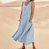 abordables Vestidos para el trabajo-vestido casual de mujer vestido de algodón vestido de cambio vestido midi azul rosa caqui sin mangas color puro bolsillo primavera verano cuello redondo básico diario vacaciones fin de semana ajuste suelto 2023 s m l xl xxl