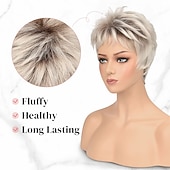 abordables peluca vieja-pelucas de corte piexie para mujer peluca corta de corte pixie para damas blancas peluca de pelo corto con flequillo peluca sintética de pelo liso libre para fiesta de uso diario