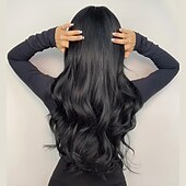 economico Parrucche trendy sintetiche-parrucche sintetiche lunghe nere per le donne parrucca ondulata di capelli naturali con frangia parrucca di capelli neri resistente al calore cosplay 26 pollici parrucche per feste di natale
