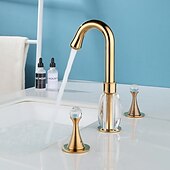 cheap Multi Holes-Gold Two Handle High Arc Widespread Bathroom Sink Faucet 3 Hole with Solid Brass Body Widespread Bathroom Faucet