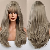 economico Parrucche trendy sintetiche-parrucche bionde con frangia parrucche bionde ondulate per donna capelli biondi chiari naturali morbidi parrucca con frangia fibra resistente al calore parrucca di capelli sintetici parrucche per