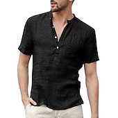 cheap Classic-Men&#039;s Linen Shirt Band Collar Shirt Summer Shirt Beach Wear Casual Shirt Solid Color Outdoor Street Black White Light Green Blue Short Sleeve Henley Summer Spring Clothing Apparel Button-Down