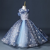 preiswerte Blumenmädchenkleider-Blumenmädchenkleid Mädchen Kleid Prinzessinenkleid Party Kleid Formal Hochzeit Party Prinzessin Süß Gitter Bestickt Blumen Ärmellos Schulterfrei Leicht Blau 3-12 Jahre