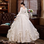 preiswerte Kleider-Rokoko Viktorianisch Vintage inspiriert Bodenlang Kleid Partykostüm Maskerade Trompetenärmel Prinzessin Shakespeare Braut Einfarbig Ballkleid Quadrathals Kostüm Damen Weihnachten Karneval Maskerade