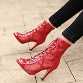 tanie Buty do tańca-damskie czarne lakierowane buty do tańca ze sztucznej skóry, sznurowane, z siateczki, buty z odkrytymi palcami i wysokim obcasem do tańca latynoskiego, salsy i towarzyskiego