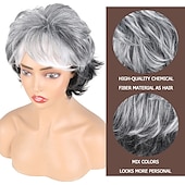 economico parrucca più vecchia-parrucche grigie brevi parrucche grigie per le donne bianche pixie cut parrucca con la frangetta parrucche di capelli grigi per le donne grigio ombre parrucca di capelli ricci sintetici grigio pixie