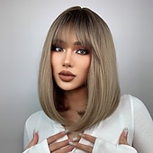 economico Parrucche trendy sintetiche-parrucca bob con frangetta rosa/marrone scuro/ramato/vino/verde parrucche sintetiche per donne afroamericane parrucche naturali del cuoio capelluto 18 pollici parrucche giornaliere per feste