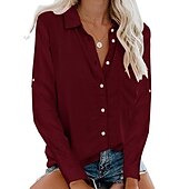 cheap Shirts-Women&#039;s Shirt Linen-Inspired Shirts Button Up Blouse Plain Elegant Business Basic Long Sleeve Shirt Collar Regular Tops Work Daily Weekend Black White Gray Fall &amp; Winter