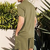 billiga Basic skjortor för män-Herr linneskjorta Linneskjorta i bomull Vit bomullsskjorta 2 delar Skjorta set Sommarskjorta Slät Utomhus Gata Svart Vit Armégrön Beige Kortärmad Nedvikt Sommar Kläder Button-Down