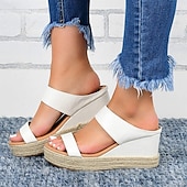 levne Pohodlné sandály-dámské bílé espadrilkové sandály na klínku s otevřenou špičkou a dvojitým páskem pro běžné, plážové a letní outfity