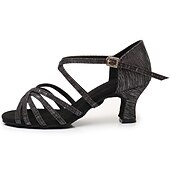 abordables Chaussures de danses latines-Chaussures de danse latine argentées et scintillantes pour femmes, sandales de danse à talons hauts et brides croisées avec semelle en daim pour la salsa latine