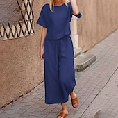 economico Set in cotone e lino-Completo da notte da donna, due pezzi, moda, semplice, comodo, colore puro, elastico in vita, basico, in cotone e lino, completo t-shirt e pantaloni, per la casa, per la festa di San Patrizio, manica corta, girocollo, nero, verde chiaro, blu.