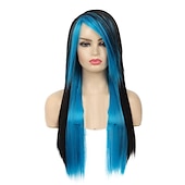 abordables Perruques de fête-Perruques bleues longues bleu noir perruque soyeuse droite synthétique résistant à la chaleur côté frange cheveux perruques pour femmes filles halloween perruques