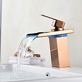 cheap Classical-Bathroom Sink Faucet with Supply Hose,LED Waterfall Spout Single Handle Single Hole Vessel Lavatory Faucet,Slanted Body Basin Mixer Tap