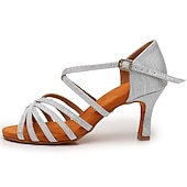 abordables Chaussures de danses latines-Chaussures de danse latine argentées et scintillantes pour femmes, sandales de danse à talons hauts et brides croisées avec semelle en daim pour la salsa latine