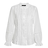 preiswerte Spitzenoberteile-Damen Hemd Spitzenhemd Bluse Ösen Top Elegant Vintage Mode Spitze Patchwork Knöpfe Langarm Normale Oberteile Alltag Wochenende Weiß Frühling Herbst
