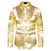 お買い得  メンズタキシードシャツ-男性用 プロムシャツ ディスコシャツ サテンシルクシャツ タキシードシャツ 純色 結婚式 パーティー ブラック ホワイト ルビーレッド ブルー 長袖 折襟 夏 春 衣類 スパンコール