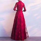 baratos Vestidos de Festa-Vestido de Gala em A Vestido Vintage Convidada de Casamento Prom Longo Comprimento Manga 3/4 Gola Alta Tule com Pregas Apliques
