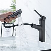 voordelige Klassiek-wastafelmengkraan voor de badkamer, uittrekbaar met 2-standen sproeier, uittrekbare wastafelkranen met enkele handgreep, op het blad gemonteerd