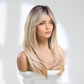 tanie Peruki syntetyczne modne-peruka syntetyczna prosta z grzywką peruka średniej długości a1 włosy syntetyczne damskie na imprezę cosplay moda blond peruki na przyjęcie bożonarodzeniowe