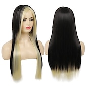 abordables Perruques de fête-Perruques bleues longues bleu noir perruque soyeuse droite synthétique résistant à la chaleur côté frange cheveux perruques pour femmes filles halloween perruques