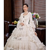 preiswerte Kleider-Rokoko Viktorianisch Vintage inspiriert Bodenlang Kleid Partykostüm Maskerade Trompetenärmel Prinzessin Shakespeare Braut Einfarbig Ballkleid Quadrathals Kostüm Damen Weihnachten Karneval Maskerade