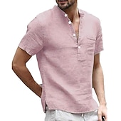 cheap Classic-Men&#039;s Linen Shirt Band Collar Shirt Summer Shirt Beach Wear Casual Shirt Solid Color Outdoor Street Black White Light Green Blue Short Sleeve Henley Summer Spring Clothing Apparel Button-Down