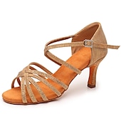 abordables Chaussures de danses latines-Chaussures de danse latine argentées et scintillantes pour femmes, sandales de danse à talons hauts et brides croisées avec semelle en daim pour la salsa latine