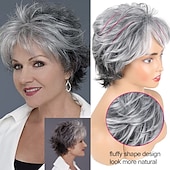 economico parrucca più vecchia-parrucche grigie brevi parrucche grigie per le donne bianche pixie cut parrucca con la frangetta parrucche di capelli grigi per le donne grigio ombre parrucca di capelli ricci sintetici grigio pixie