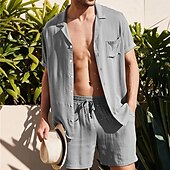billiga Basic skjortor för män-Herr linneskjorta Linneskjorta i bomull Vit bomullsskjorta 2 delar Skjorta set Sommarskjorta Slät Utomhus Gata Svart Vit Armégrön Beige Kortärmad Nedvikt Sommar Kläder Button-Down