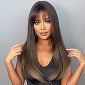 economico Parrucche trendy sintetiche-parrucche sintetiche dritte marrone scuro con capelli a strati naturali per le donne cosplay quotidiane fibre resistenti al calore parrucche per feste di natale da 20 pollici