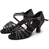 abordables Chaussures de danses latines-Chaussures de danse latine argentées et scintillantes pour femmes, sandales de danse à talons hauts et brides croisées avec semelle en daim pour la salsa latine