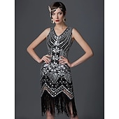 billige 1920-talls kjoler-De livlige 20-årene 1920-tallet Cocktail Kjole Knelengde Flapper kjole Kjoler Drakter Ermeløs Den store Gatsby Charleston Store størrelser Dusk Fjær V-hals Kostyme Dame Karneval Nytt År Maskerade