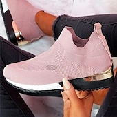 abordables Zapatillas de mujer-Zapatillas blancas de punto sin cordones para mujer: zapatos para caminar ligeros y transpirables con detalle dorado en el talón para uso casual, viajes y fitness.