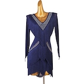 preiswerte Kleidung für lateinamerikanische Tänze-Tanz-Salsa-Latin-Tanzkleid mit Fransen, Quasten, Kristallen/Strasssteinen, Damen, Performance-Training, lange Ärmel, Chinlon