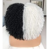 preiswerte Party Perücken-Kurze lockige Perücke 14 Zoll Afro-lockige Perücke mit Pony hitzebeständige synthetische schwarze und weiße Haare für schwarze Frauen Halloween-Perücken