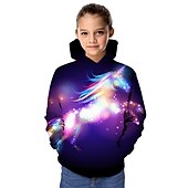 preiswerte Mädchen 3D Cartoon-Kinder Mädchen Kapuzenpullover Langarm Pferd 3D-Druck Grafik Sternenklarer Himmel Tier Druck Regenbogen Kinder Oberteile Aktiv Fantasie Schulanfang 3-12 Jahre