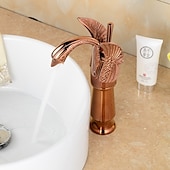 voordelige Klassiek-retro badkamer wastafel mengkraan messing swan shap, monobloc wasruimte wastafelkranen enkele handgreep een gat badrandcombinaties, mono watervat kraan warme en koude slang antiek