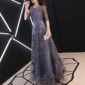 economico Lunghezza del pavimento-Abito da sera in linea A Abito elegante per invitato al matrimonio formale lunghezza fino al pavimento maniche a metà scollatura a gioiello in tulle con motivo/pattern ricamato/taglia