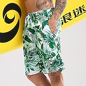 お買い得  メンズボクサー水着-男性用 スイムトランク スイムショーツ 速乾性 ライトウェイト ボードショーツ 水着 ポケット付き メッシュライニング ドローストリング 水泳 サーフィン ビーチ ウォータースポーツ トロピカル風 プリント 夏