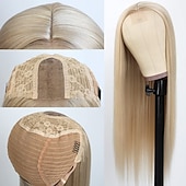 voordelige Topkwaliteit pruiken-blonde synthetische pruiken lang steil haar gemengd platina blond natuurlijke haarlijn hittebestendige vezel pruiken voor modieuze vrouwen