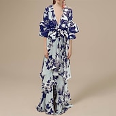 abordables Robes de vacances-Robe balançoire femme boho robe longue robe maxi robe bleu jaune vert clair floral à lacets manches lanterne printemps été robe profonde v ourlet irrégulier week-end coupe ample 2023 s m l xl xxl