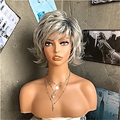economico parrucca più vecchia-parrucche pixie cut parrucca grigia corta argento omber grigio parrucche ondulate pixie cut per donne bianche con frangetta capelli sintetici naturali